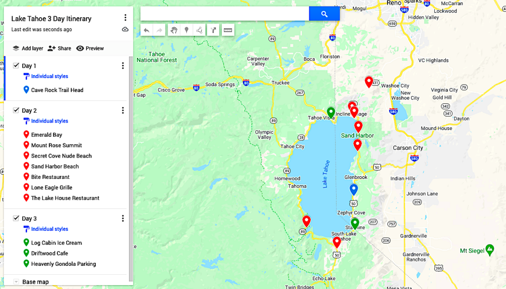 Lake Tahoe weekend itinerary map