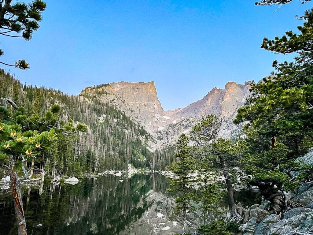 View of a lake in Rocky Mountain national Park, one of the best places to hike in the USA. 