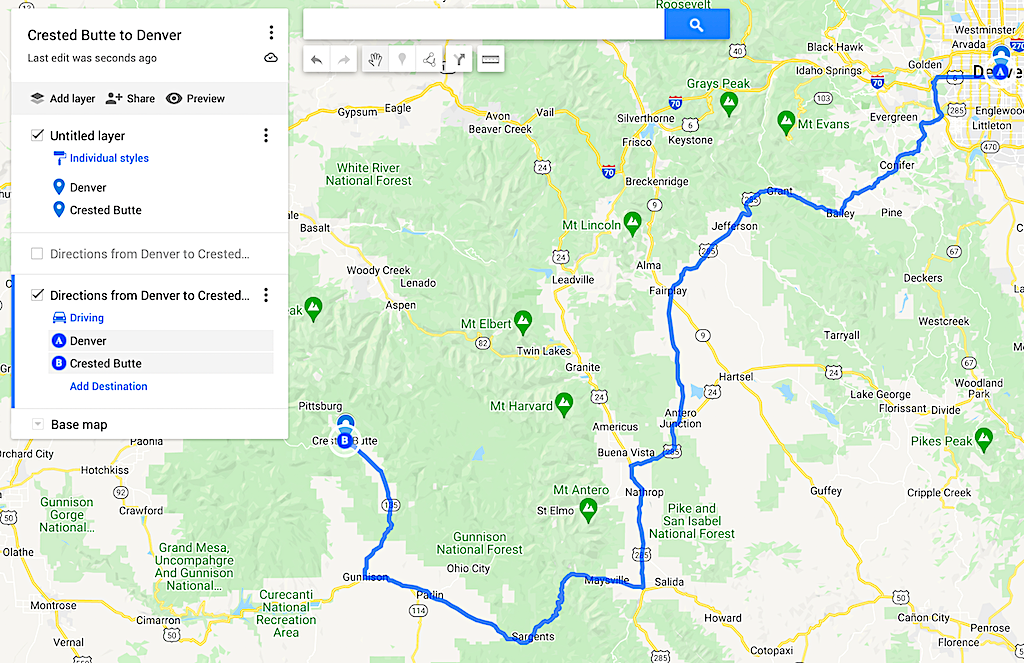 Map of the trip from Denver to Crested Butte
