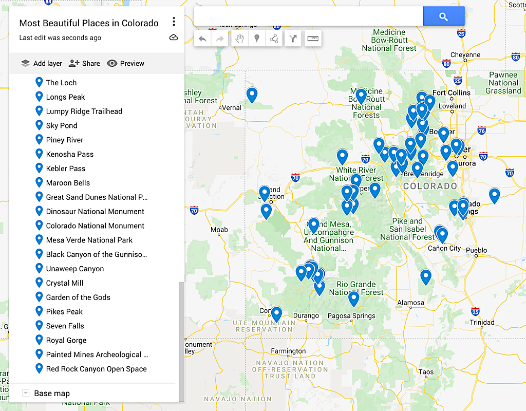 Map of the most beautiful places in Colorado. 