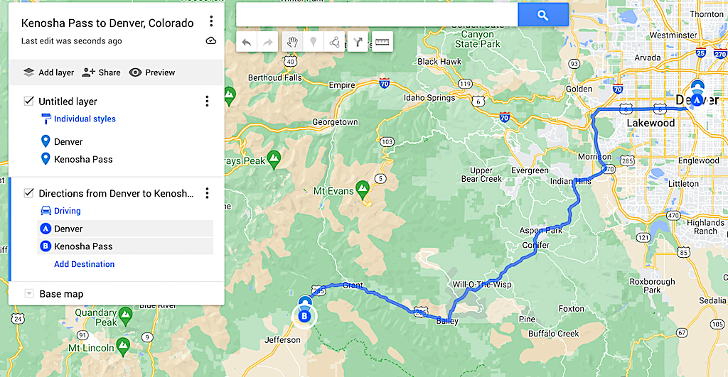 Map of the drive from Denver to Kenosha Pass