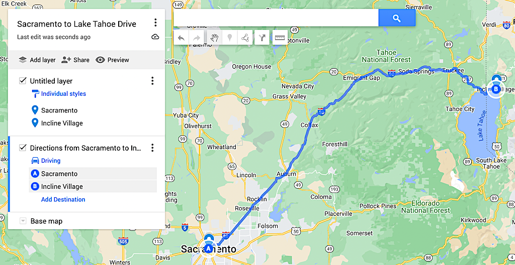 Map of the drive from Sacramento to Lake Tahoe in December. 