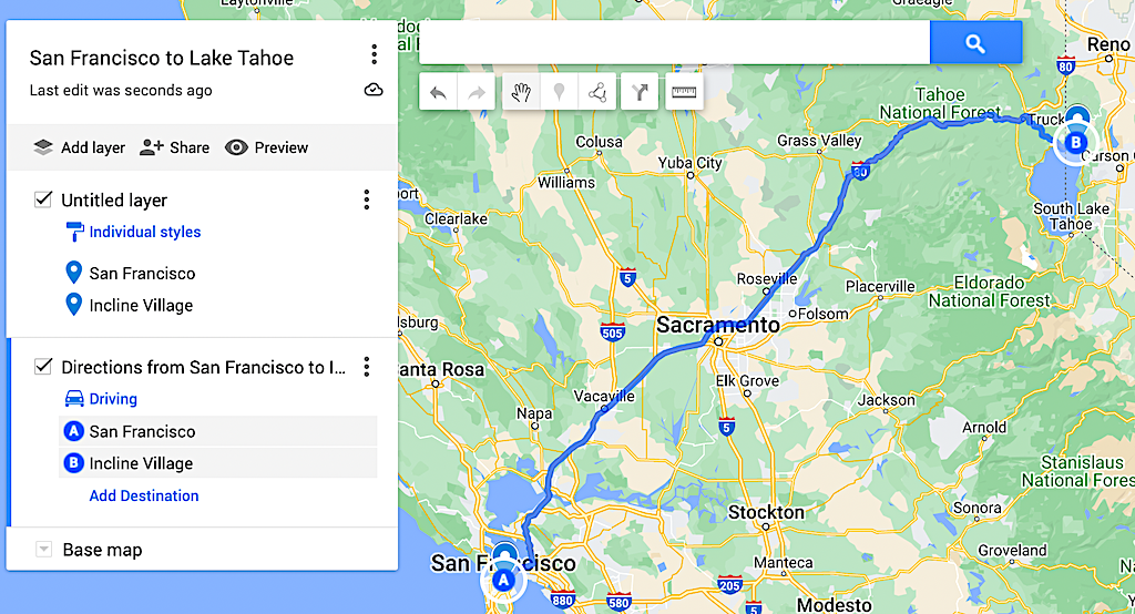 Map of the drive from San Francisco to Lake Tahoe in December. 