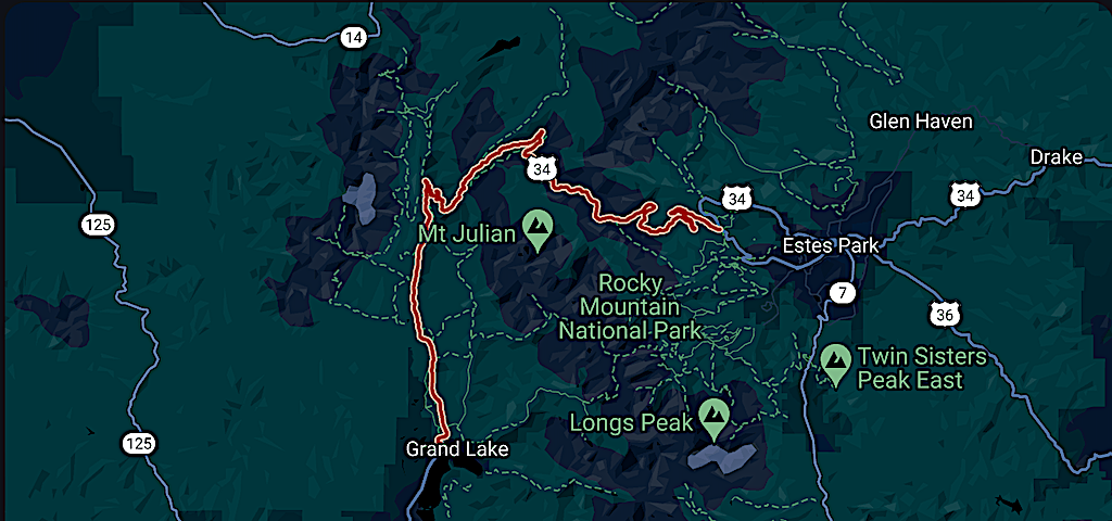 Map of Trail Ridge Road in Colorado. 