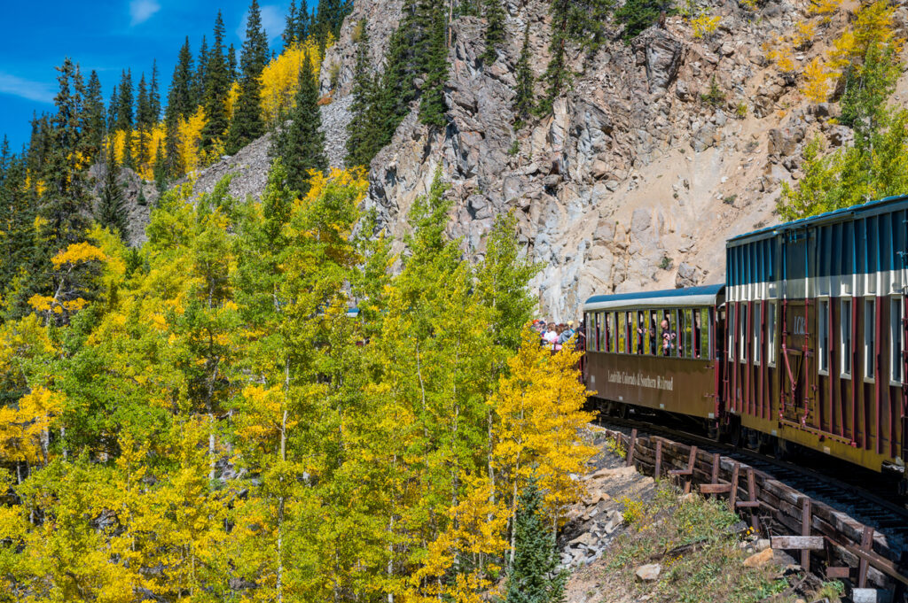 Scenic train ride through Leadville CO with beautiful fall foliage.