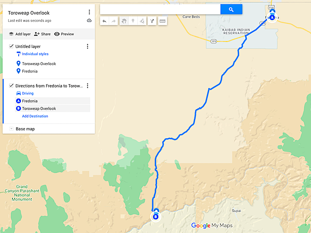 Map of the route from Fredonia to Toroweap Overlook. 