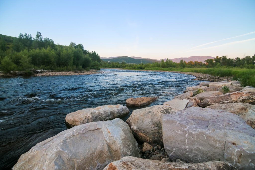 View of the Yampa River in Steamboat Springs Colorado. 