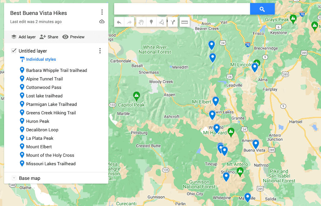 Map of the best Buena Vista hikes. 