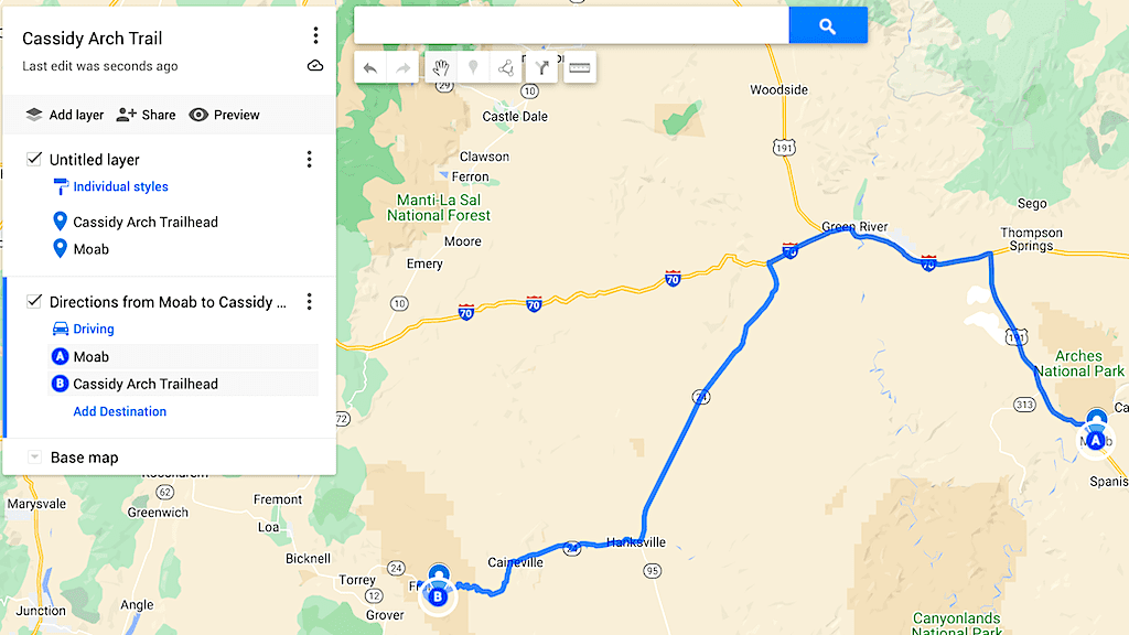 Map of the route from Moab to Cassidy Arch Trailhead. 