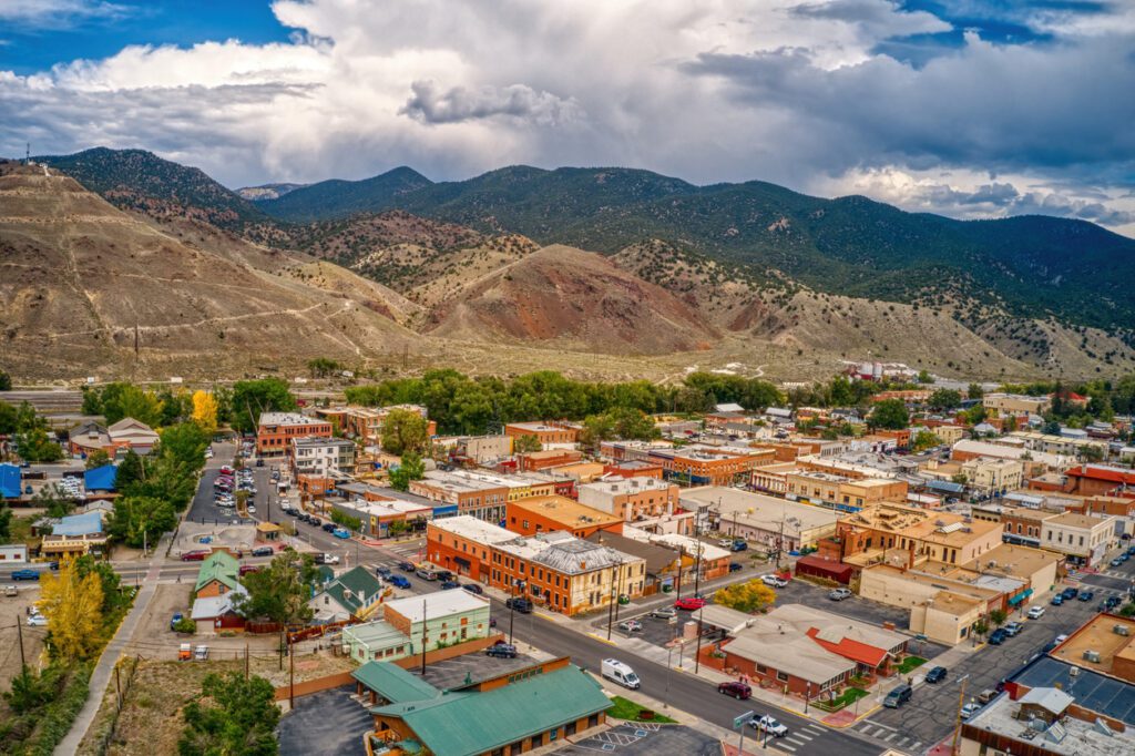 Aerial view of Salida with the mountains in the background. 