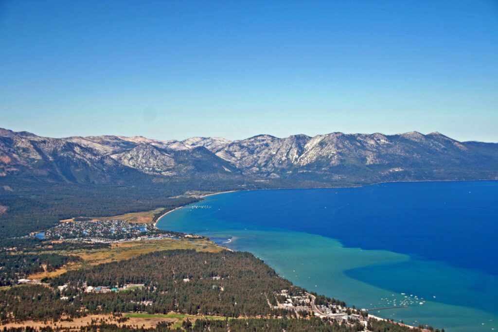 Aerial view of South Lake Tahoe while doing best South Lake Tahoe activities. 