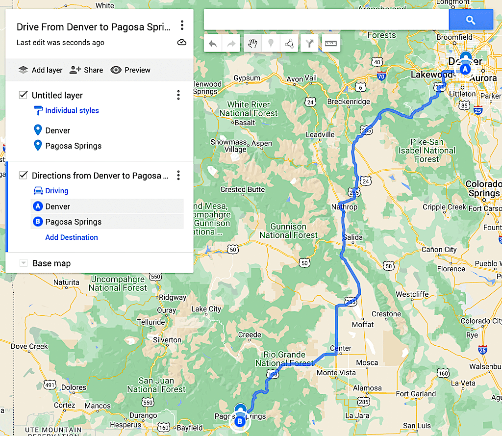 Map of the drive from Denver to Pagosa Springs with a blue route of the drive. 