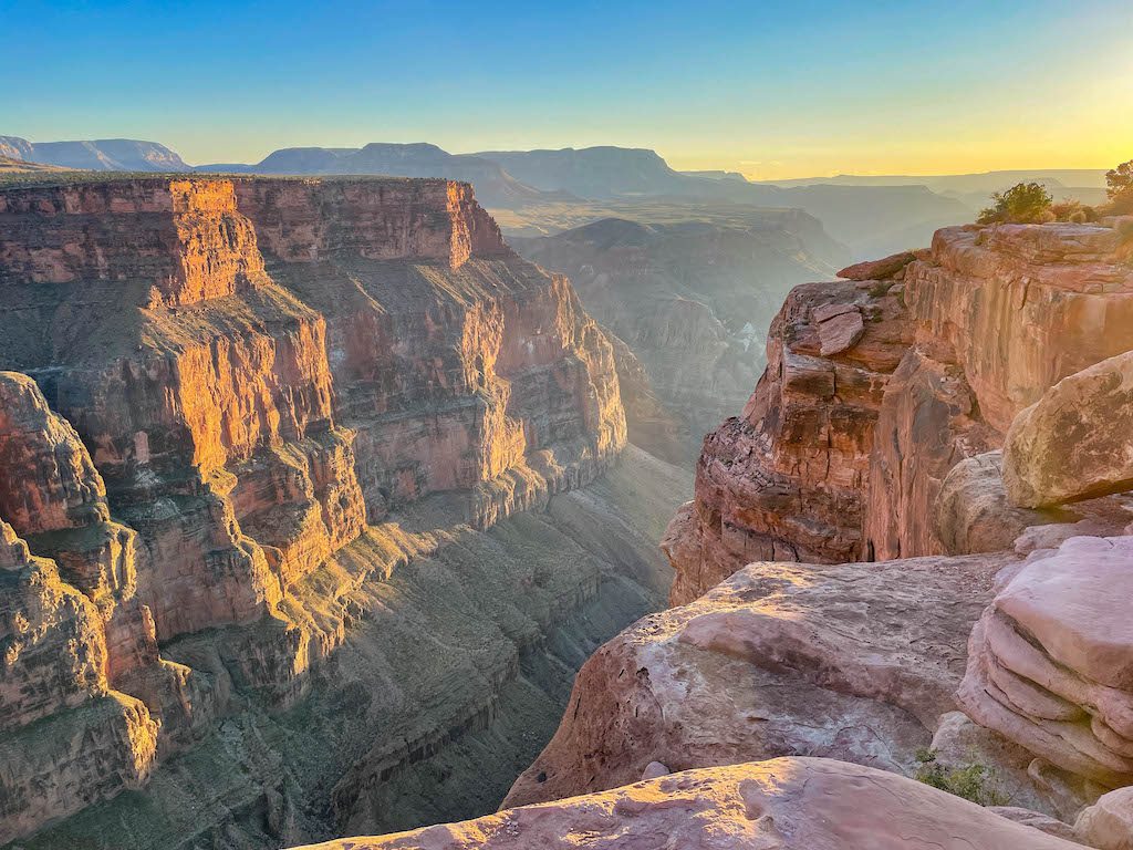 Stunning aerial view of the Grand Canyon at sunset.