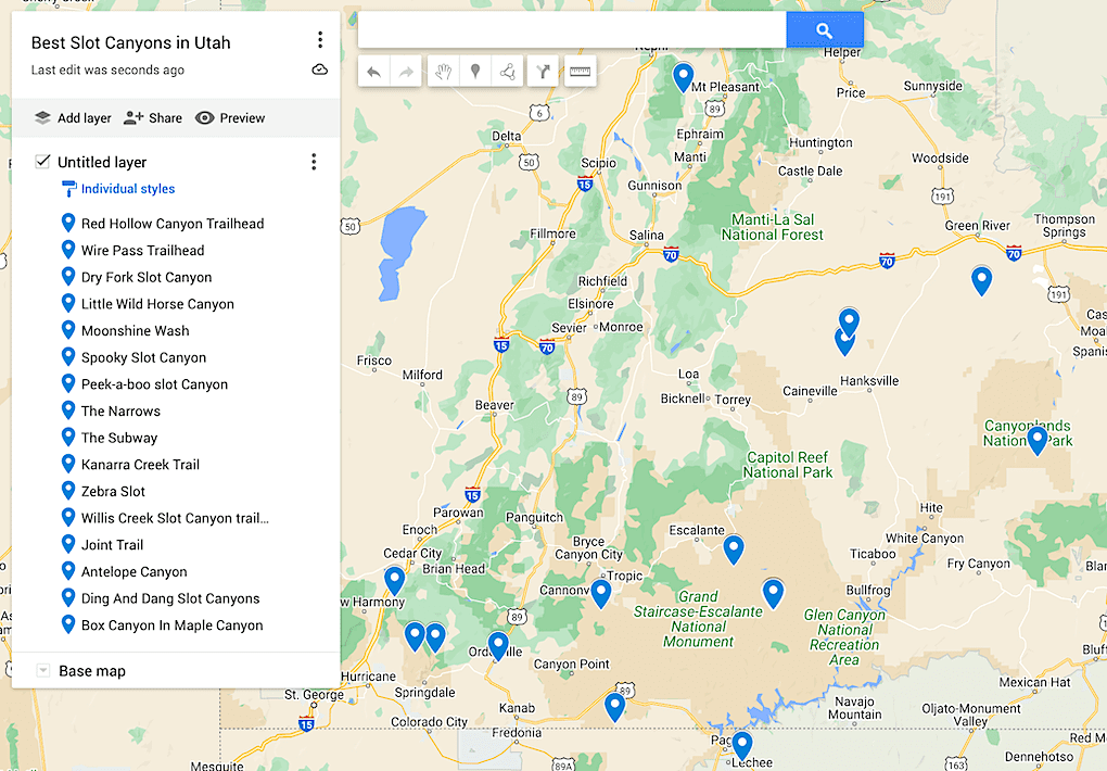 Map of the best slot canyons in Utah. With blue dots to mark 15 different Utah slot canyons. 