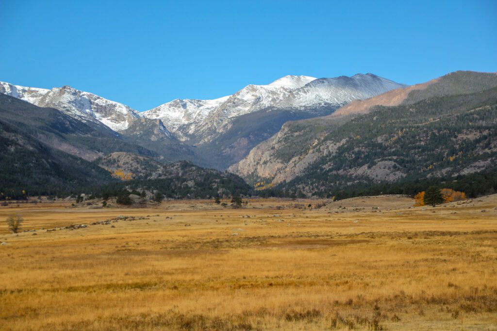 A view of the majestic brown meadows and snow covered peaks of RMNP. 