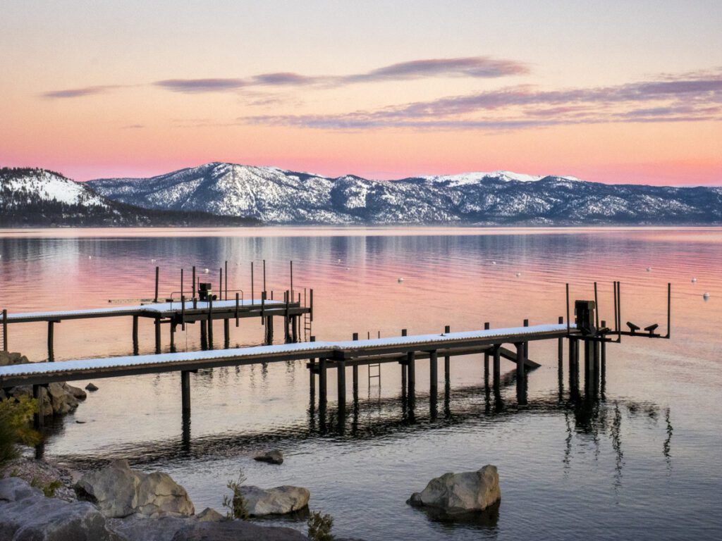 A view of two docks covered in snow in Lake Tahoe in February. The sun is setting in the background and the mountains are covered in snow. 