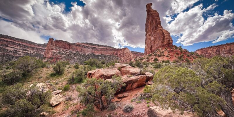 A view of the roack formations in Colorado National Monument on a sunny day.