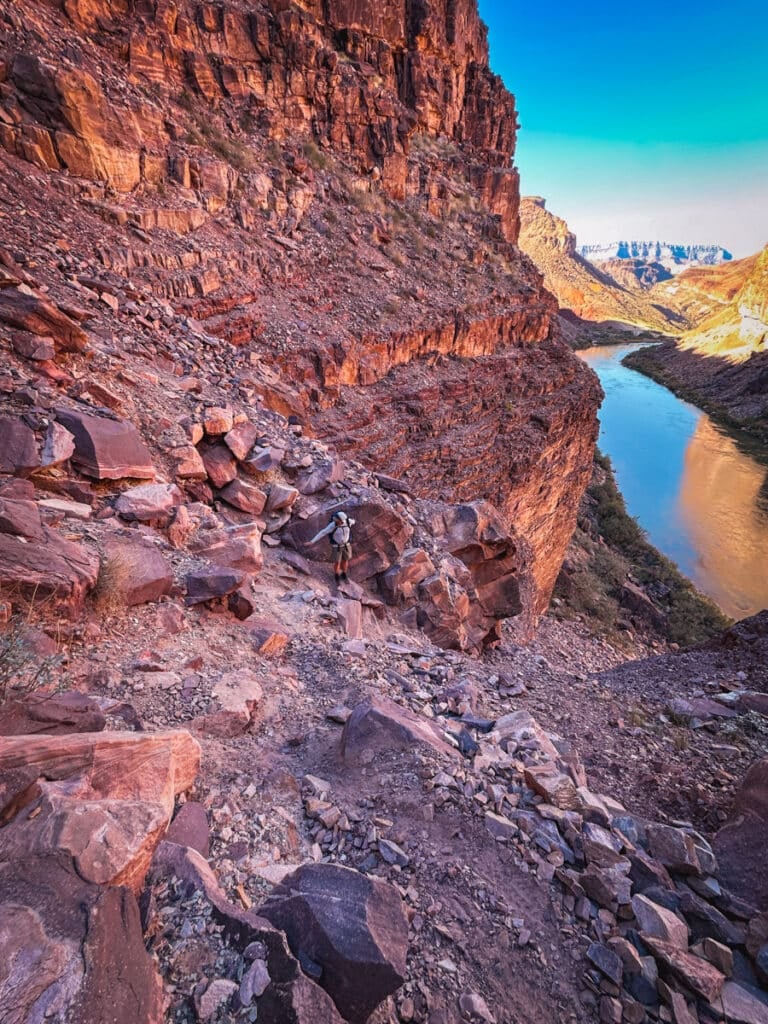 The papago slide is a loose, rock-filled gully next to the Colorado River