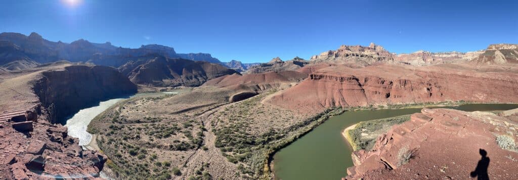 a spanning view of the Unkar Delta in the Grand Canyon. A lush, flat area near the Colorado River known for a settlement of Ancesteral Puebloans.
