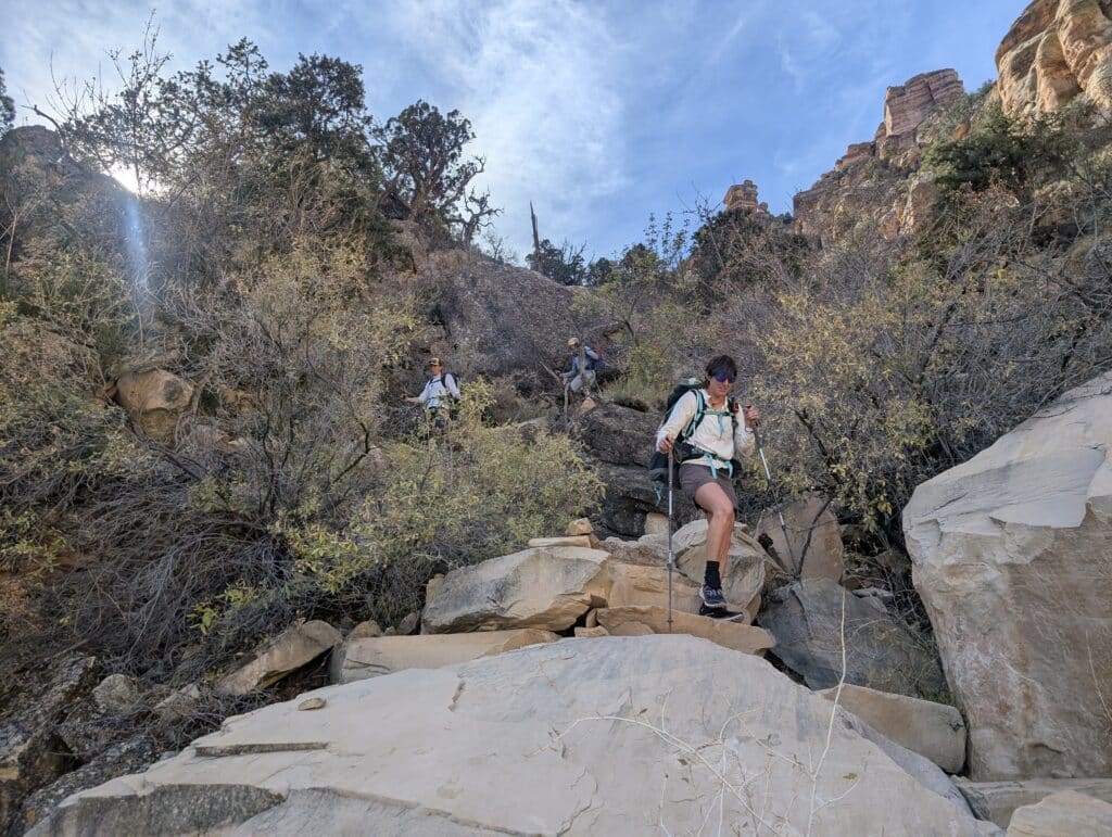 Two people descending a steep, rocky trail in the grand canyon.